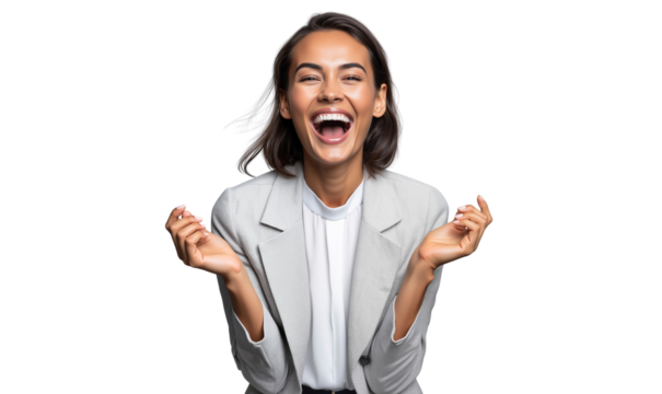Happy and excited businesswoman with open mouth, isolated on transparent background