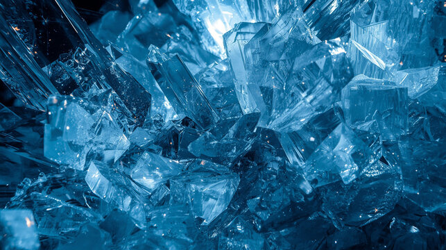Close-up of sparkling blue crystals with sharp facets and translucent surfaces reflecting light, creating a cool and icy appearance.