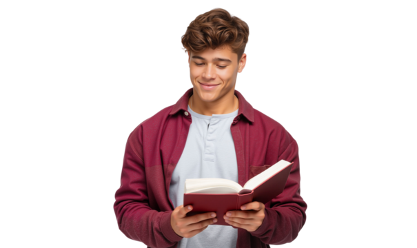 Handsome college student learning and reading a book, isolated on transparent background