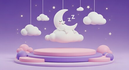 Safe baby sleep and gentle bedtime advertising concept. Nursery environment and children's product presentation. Sleeping cartoon moon on a white cloud above a product display platform.