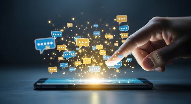 Mobile communication and online social media networking. Instant chat message delivery and virtual interaction. Finger tapping on a smartphone screen with glowing digital speech bubbles. - Powered by Adobe