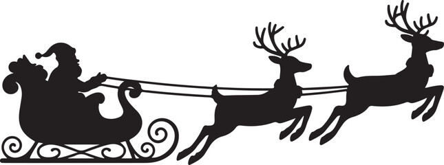 Christmas santa claus's flying sleigh with reindeer carrying presents illustration in black silhouette isolated on transparent background