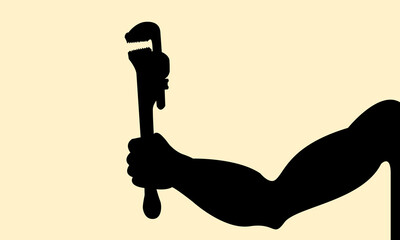 Silhouette of hand holding pipe wrench. Icon of grab a heavy tools with muscle arm. Vector illustration.