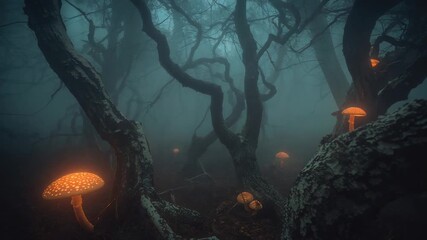 Drifting camera capturing glowing orange mushrooms in foggy forest, highlighting eerie glow - Powered by Adobe