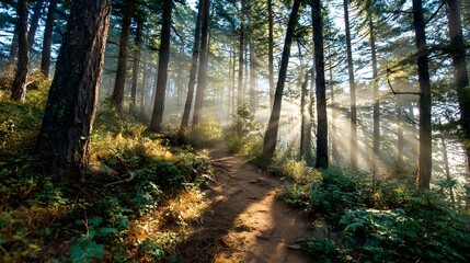Obraz premium Sunbeams pierce through a tranquil forest path illuminating green foliage.