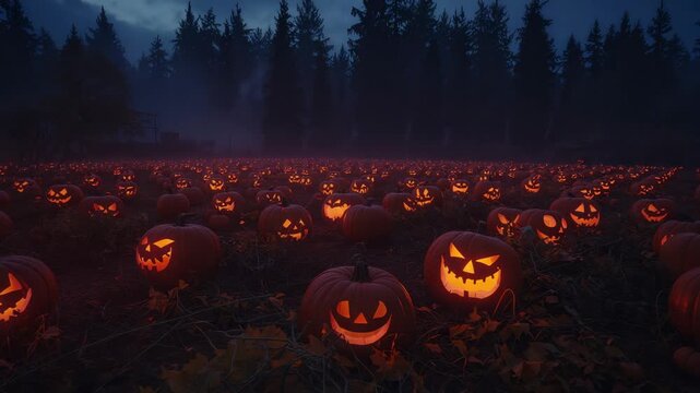 Opening wide shot as camera gliding forward into pumpkin patch at dusk with flickering pumpkins