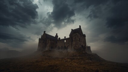 Sitting medieval stone castle overlooking grassy hill, with swirling fog and gathering storm clouds