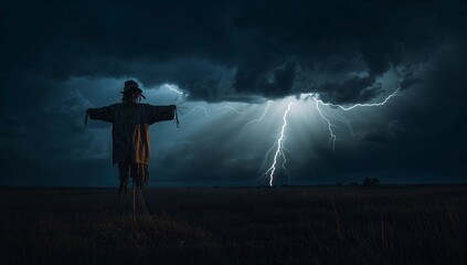 Standing scarecrow on post wearing tattered coat, floppy hat in grassy field, with lightning bolts