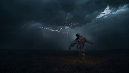 Standing scarecrow wearing tattered clothing on grassland at night, with lightning bolt, copy space