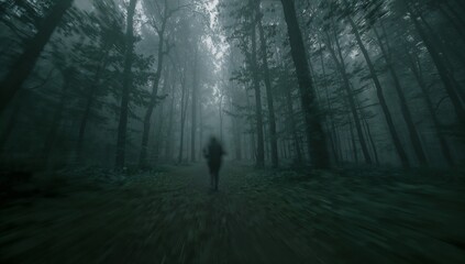 Obraz premium Walking blurred figure wearing hooded jacket and carrying backpack along foggy forest path, mist