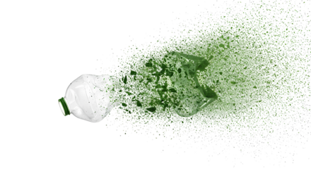 Dynamic explosion of green liquid and shattered fragments erupting from a white plastic bottle, symbolizing release and transformation.
