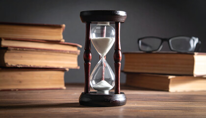 Hourglass half-empty on wooden desk beside old books and glasses, symbol of aging and wisdom.