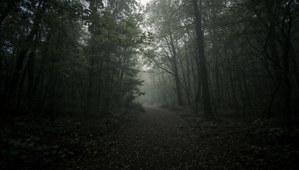 Naklejka premium Showing narrow dirt path stretching through misty woodland, with ambient fog and fallen leaves
