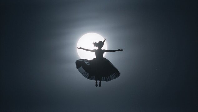 Leaping dancer silhouette with flowing skirt floating in outdoor night sky, with full moon
