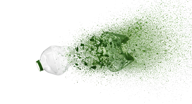 Dynamic explosion of green liquid and shattered fragments erupting from a white plastic bottle, symbolizing release and transformation.