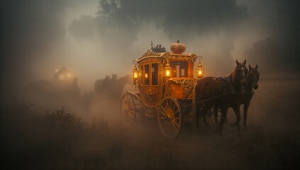 Fototapeta premium Standing golden carriage with horses in misty forest, with lanterns and spoked wheels, copy space