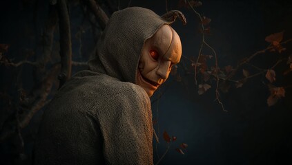 Hooded figure peering in forest with burlap cloak mask glowing eye twisted branches withered leaves