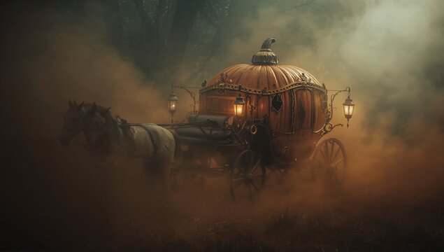 Gliding pumpkin-shaped carriage through misty forest clearing, with horse and wrought-iron lanterns