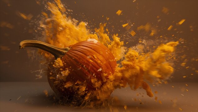 Splintering pumpkin shell sending orange flesh and seeds erupting on grey studio tabletop, debris