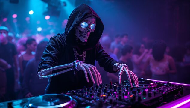 Spinning masked DJ in hooded sweatshirt mixing on mixer in club under neon blue-purple lights, fog - Powered by Adobe