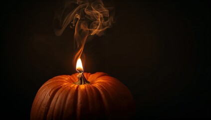 Emitting curling smoke pumpkin stem flame flickering atop orange pumpkin in dark studio, candle