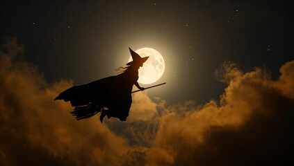 Soaring cloaked witch wearing pointed hat riding broomstick across full moon in night sky