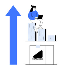Person analyzing growth trends on a laptop while sitting on bar graphs, arrow illustrating growth, e-commerce concept. Ideal for business, startup planning, analytics, performance, economy