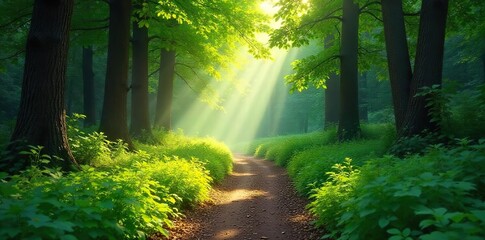 Obraz premium Sun-Dappled Forest Path Autumn Serenity in a Lush Green Canopy. A magical, winding trail bathed in sunlight, perfect for travel, nature, and environmental projects.