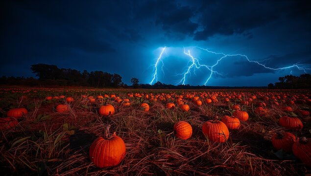 Shining large pumpkin glowing in rural pumpkin field at night, with dried straw and lightning bolts