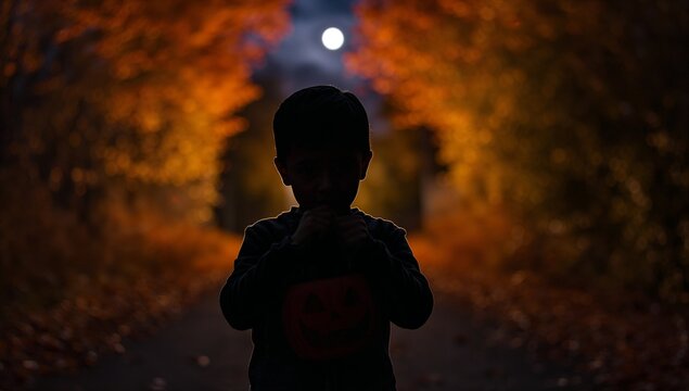 Standing child holding hands near mouth on forest path, with pumpkin shirt, moon and fallen leaves - Powered by Adobe
