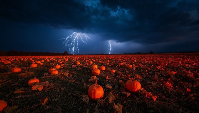 Bright orange pumpkin glowing in rural field at night, with dried vines, storm clouds and lightning - Powered by Adobe