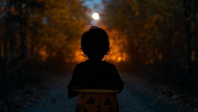 Standing silhouette child wearing hoodie holding pumpkin bucket on leaf-lined forest path at night - Powered by Adobe