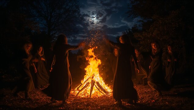 Dancing robed women swirling around blazing bonfire in forest clearing at night, with flying embers - Powered by Adobe