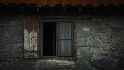 Showing wooden window with rusty hinge and tattered curtain on stone facade under corrugated roof