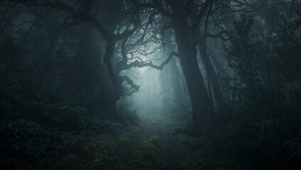 Obraz premium Narrow mossy path winding in foggy forest, with twisted gnarled tree trunks and dense undergrowth