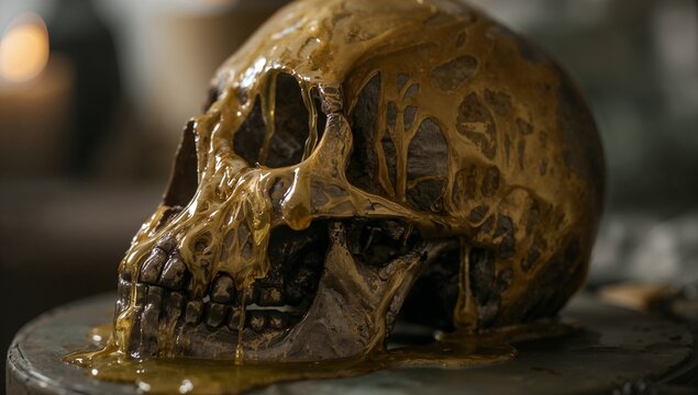 Human skull dripping molten golden wax in dim workshop, with round metal plate and candlelight glow - Powered by Adobe