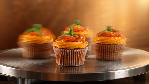 Rotating steel stand displaying pumpkin cupcakes with orange frosting green stems in bakery - Powered by Adobe