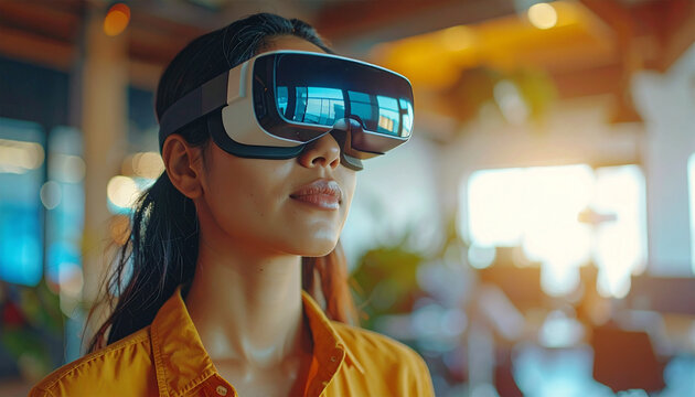 Woman in mustard shirt wearing VR headset in bright modern interior, immersed in virtual experience. Tech-savvy lifestyle and futuristic digital interaction concept. - Powered by Adobe