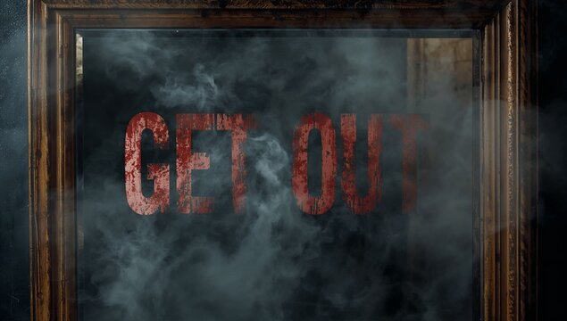 Displaying ornate wood-framed mirror reflecting swirling smoke in dark room, with red lettering - Powered by Adobe