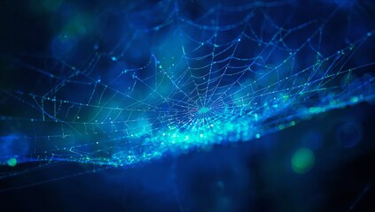 Glistening delicate spider web capturing dew drops in morning foliage, with blue-green illumination