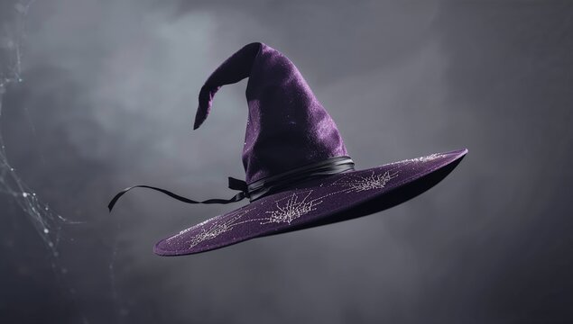 Hovering purple velvet pointed witch hat with grosgrain ribbon, glittering web embroidery in studio - Powered by Adobe