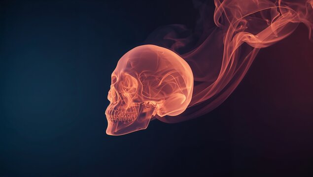Floating translucent orange skull hovering in digital studio space, with smoke trails, copy space - Powered by Adobe