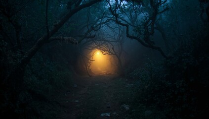 Obraz premium Glowing warm light revealing dirt path through forest tunnel, with twisted branches and underbrush