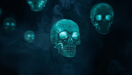 Floating ornate teal skull hovering in void environment, with carved patterns and swirling smoke