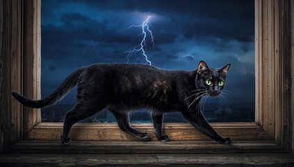 Walking black cat on weathered window frame and sill in cabin, with raindrops and lightning bolt