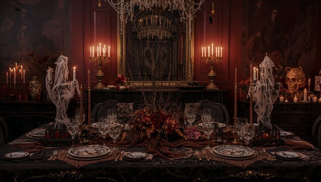Showcasing table glowing under candlelight in ornate dining room, with ghost figures - Powered by Adobe