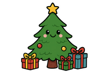 Cute christmas tree character standing with decorated gifts and ornaments, symbolizing winter holiday celebration