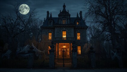 Revealing three-story mansion with glowing windows through wrought iron gate at night, with cobwebs