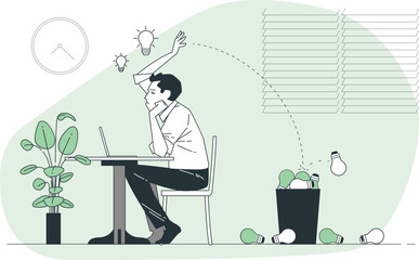 Man sitting at a desk with a laptop surrounded by lightbulbs, some in a trash can vector illustration