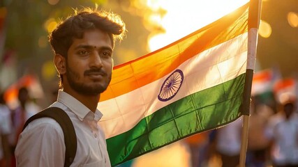 Young man proudly holds the Indian flag outdoors in the sunlight, celebrating national pride and patriotism.
